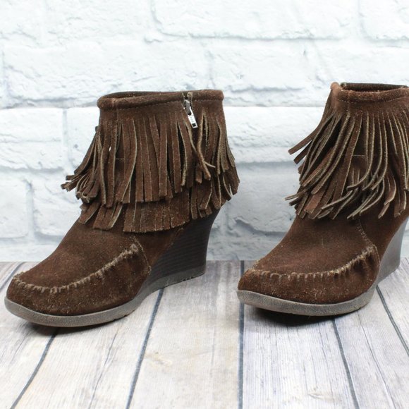 MINNETONKA Fringe Wedge Side Zip Booties Size 9.5 - Picture 3 of 10